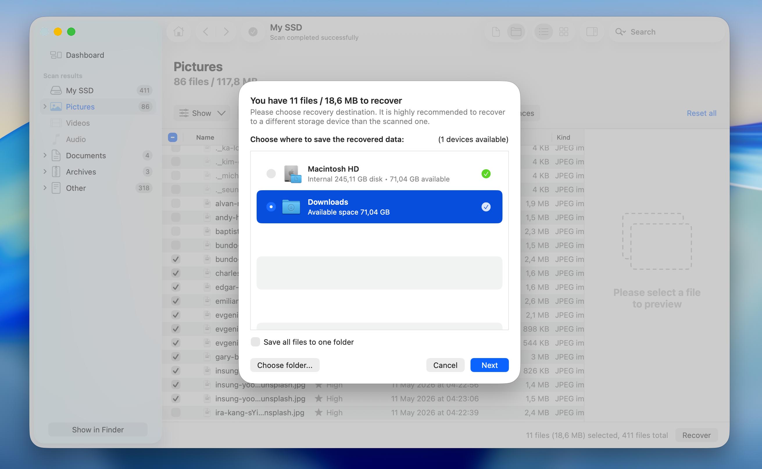 select recovery destination for files from ssd