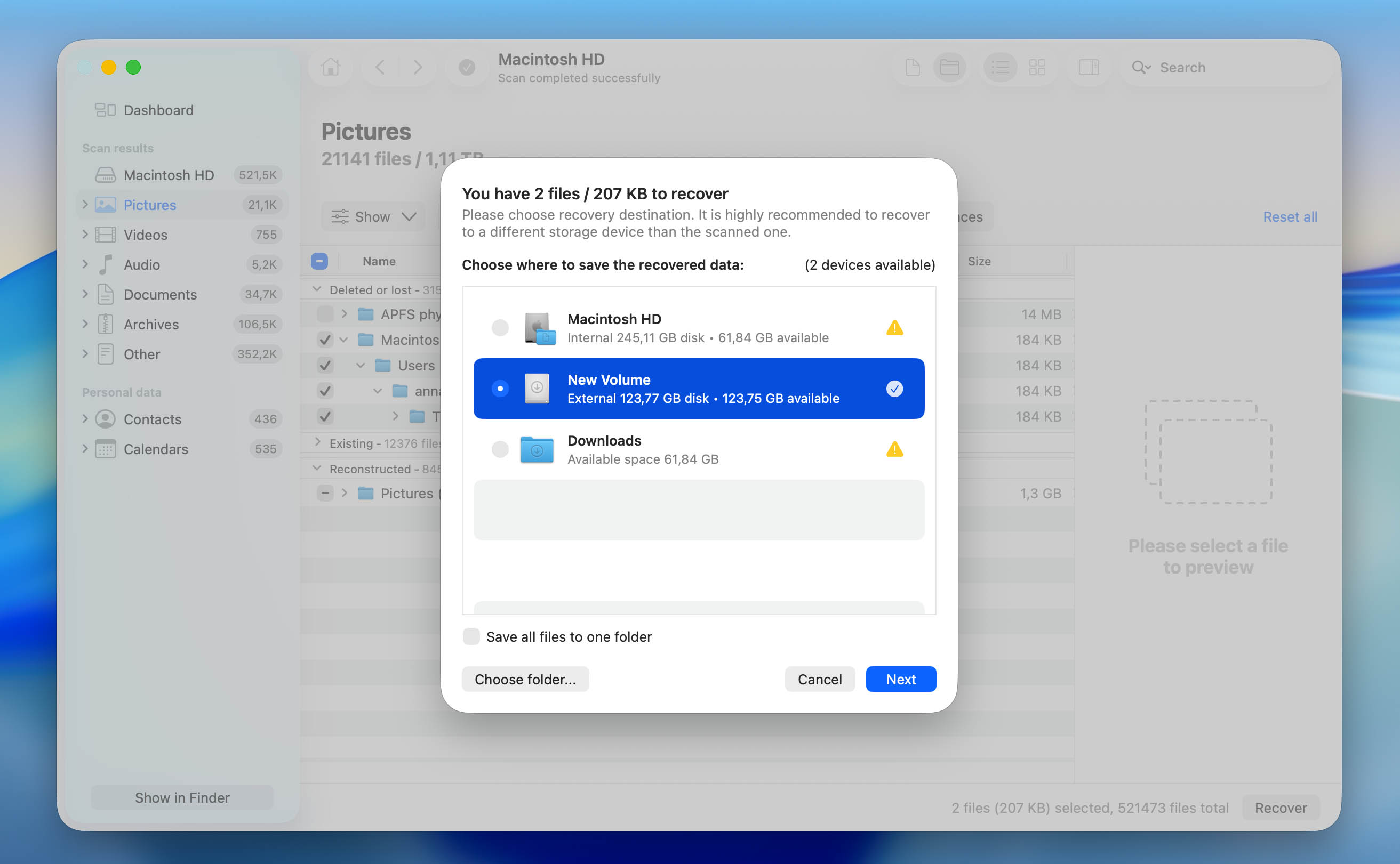select recovery destination for files