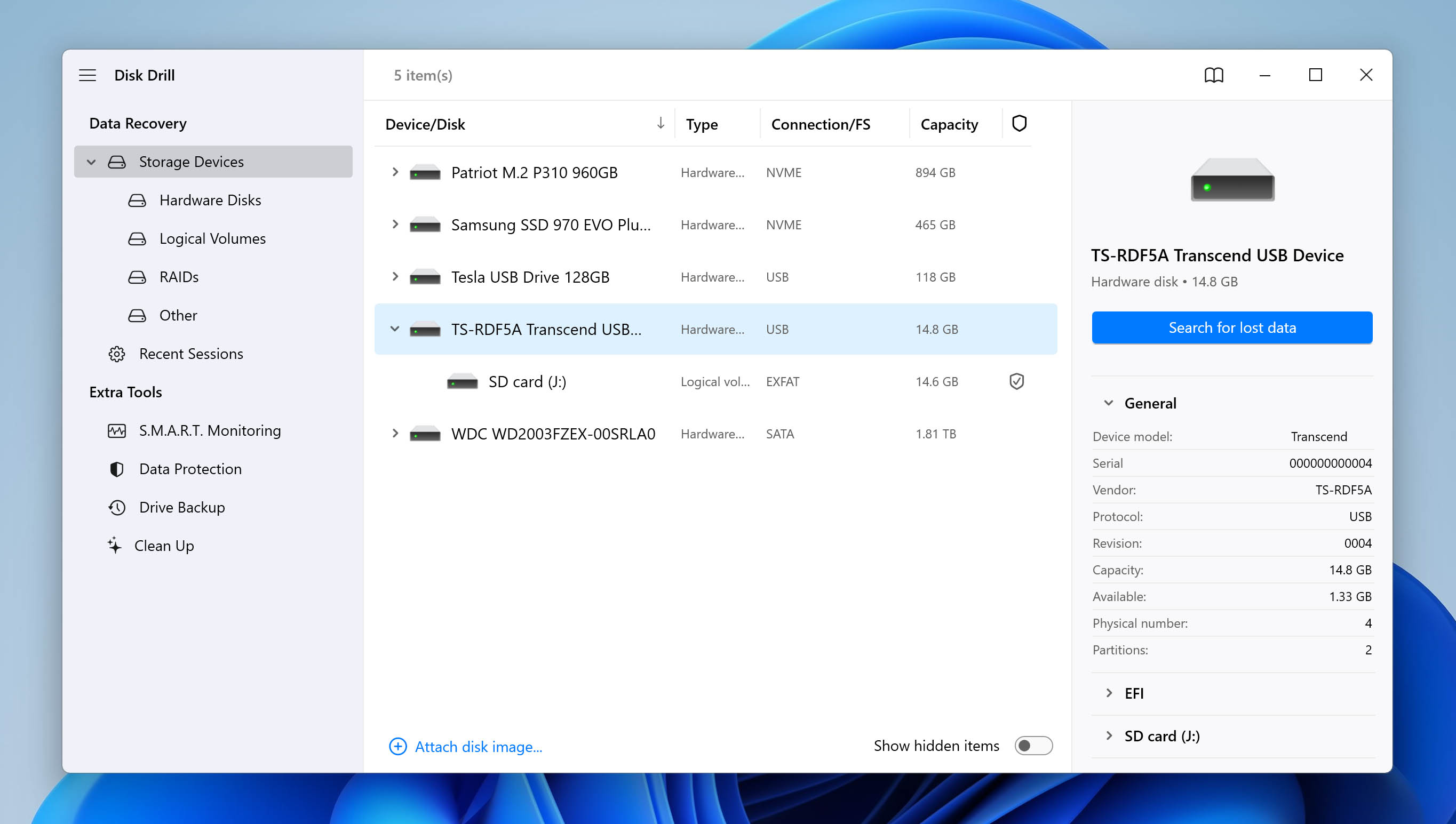 Select formatted SD card and start scan in Disk Drill