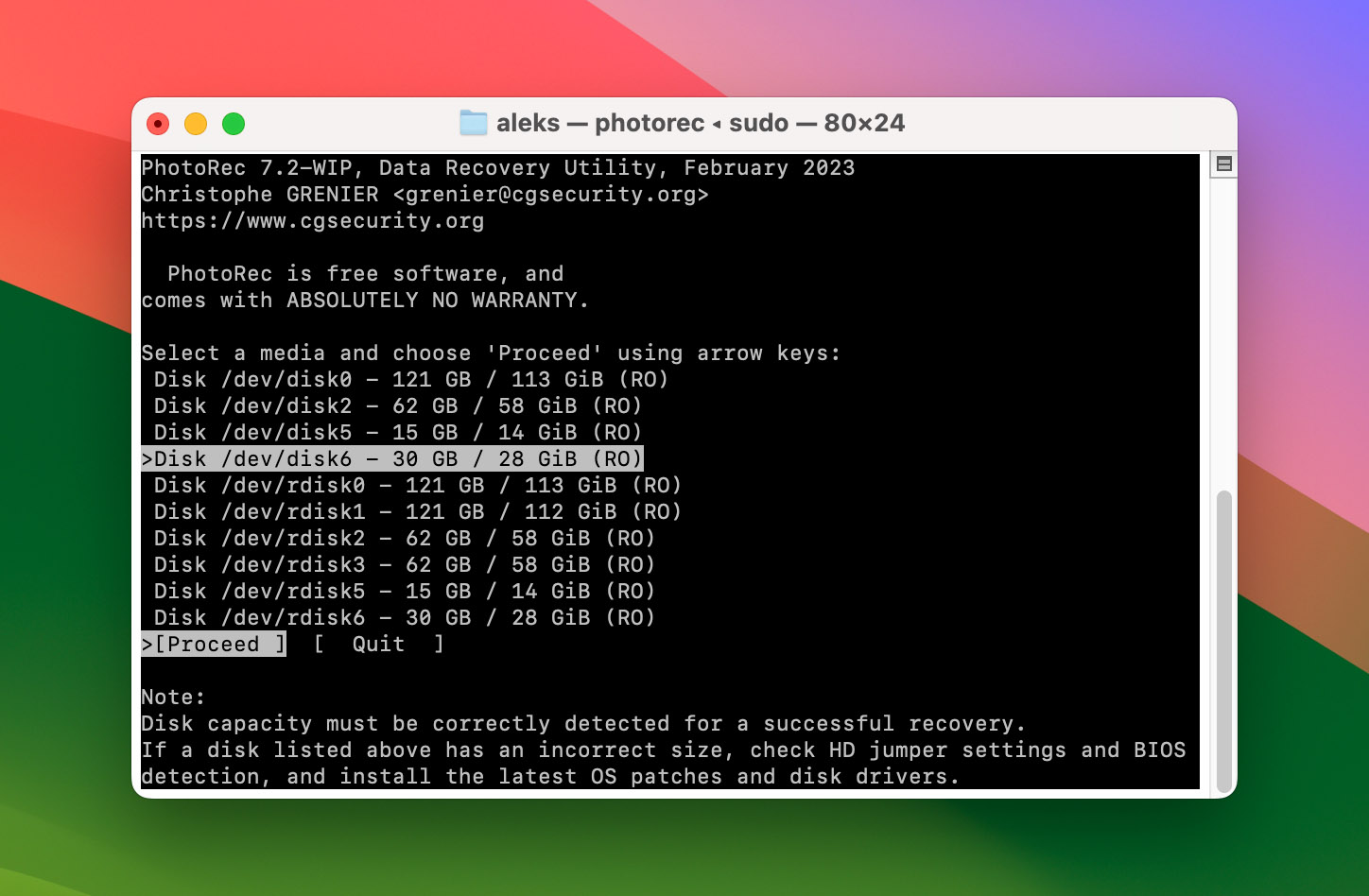 Choose SD card in PhotoRec