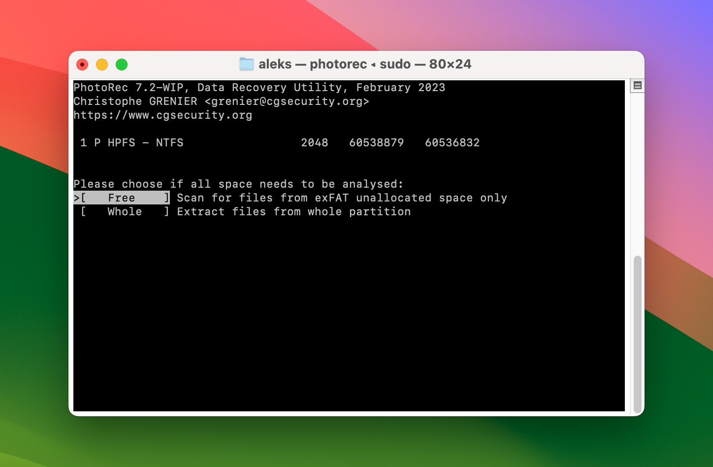 Mac Terminal PhotoRec scan type