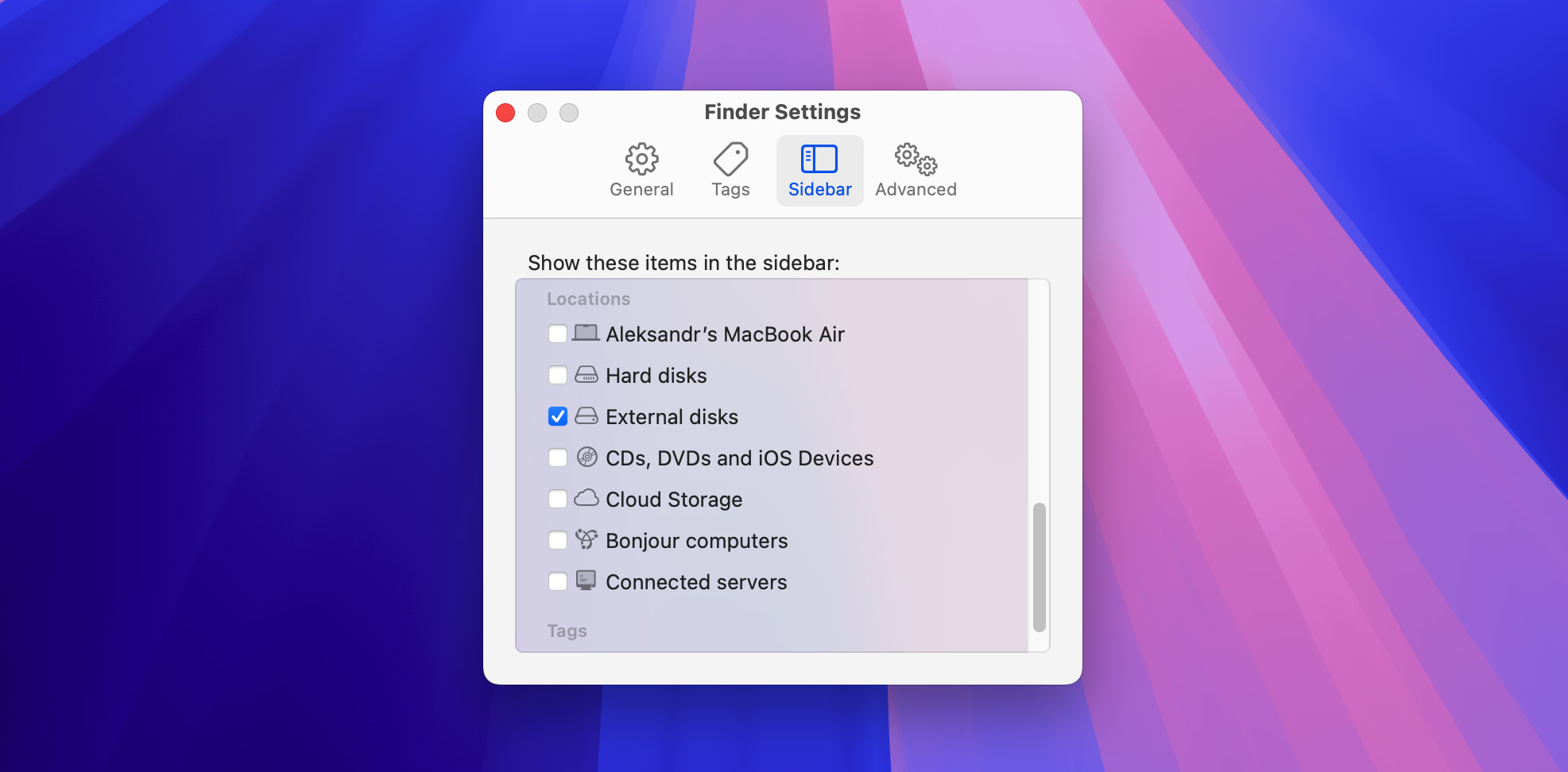 show external drive on Finder sidebar