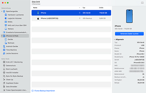 Starten Sie Disk Drill und wählen Sie Ihr iPhone oder Backup aus