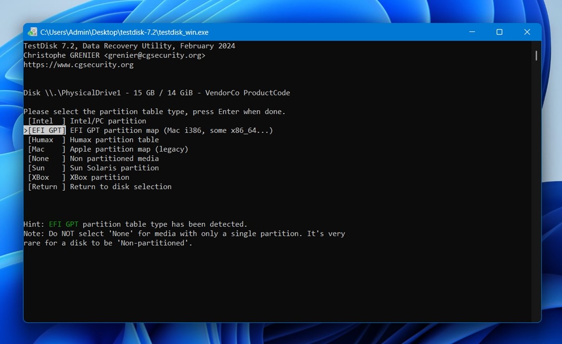 Select your partition table