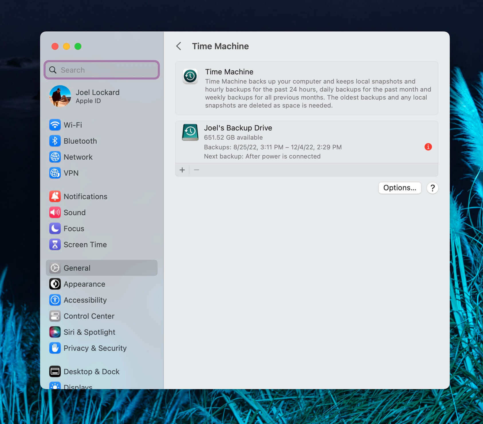time machine system settings
