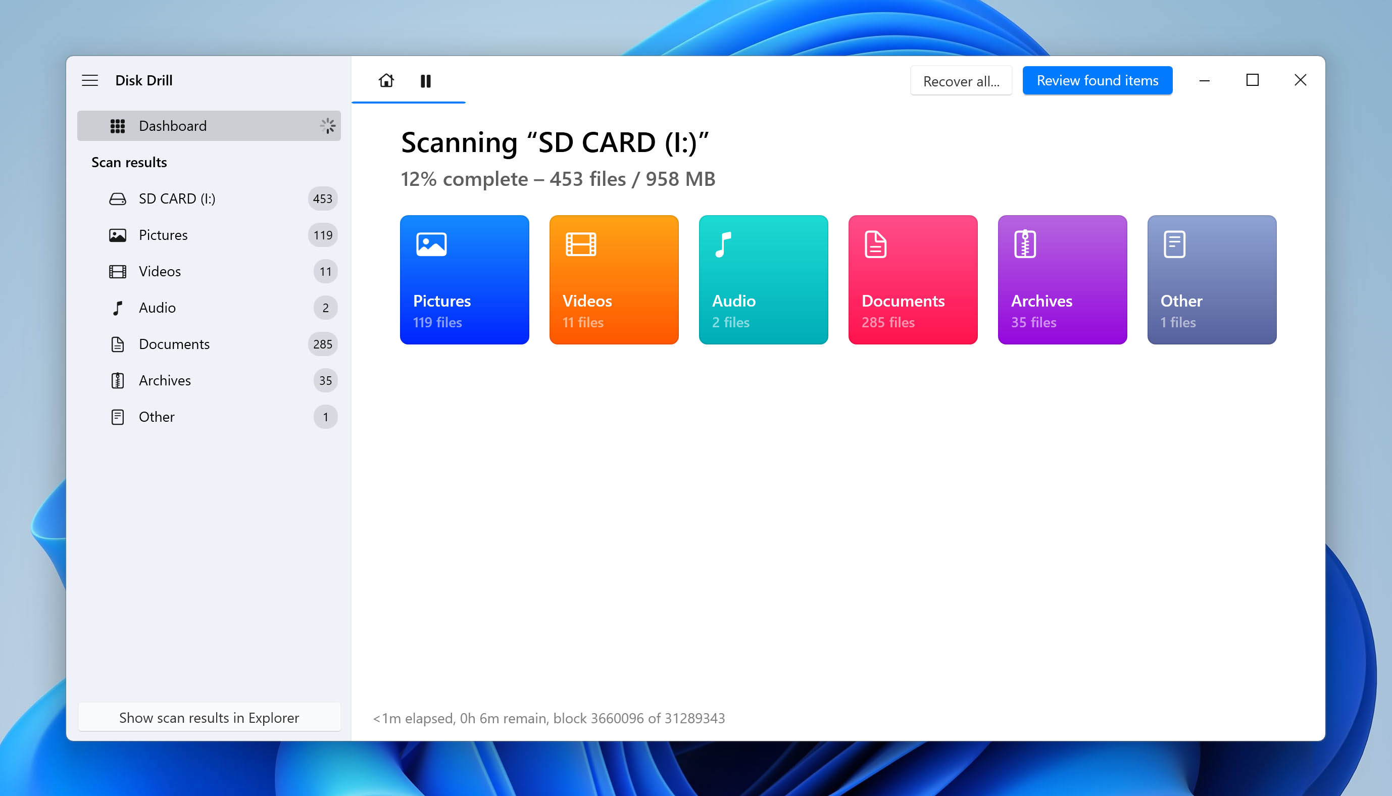 Disk Drill is scanning the SD card for lost files