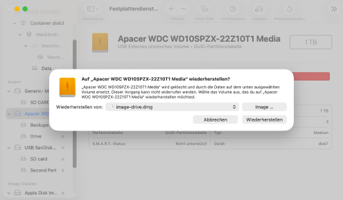 Wiederherstellen eines Volumes mit dem Festplattendienstprogramm auf Ihrem Mac