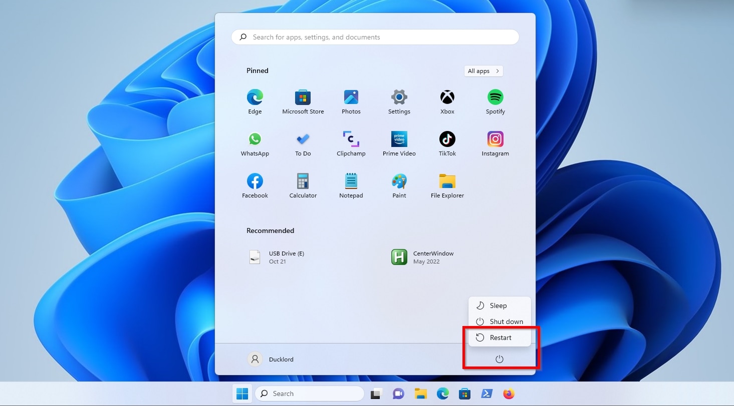 Windows Start Menu Power Actions Restart