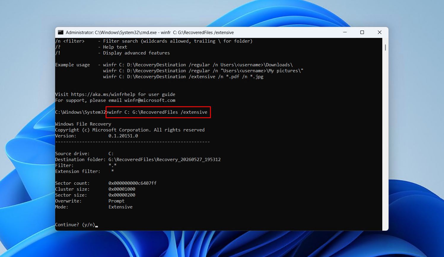 Running Windows File Recovery.