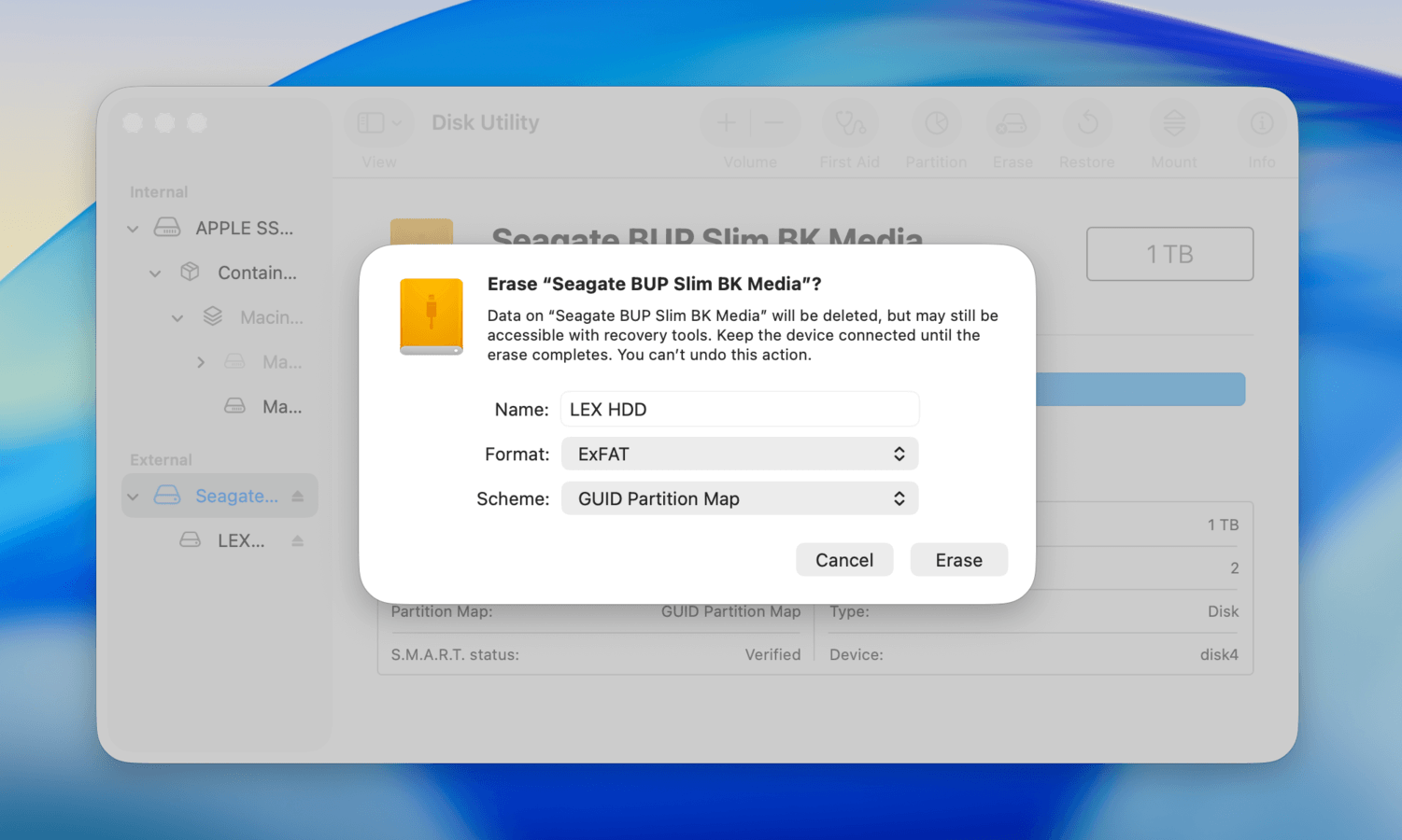 Erase dialog box in Disk Utility