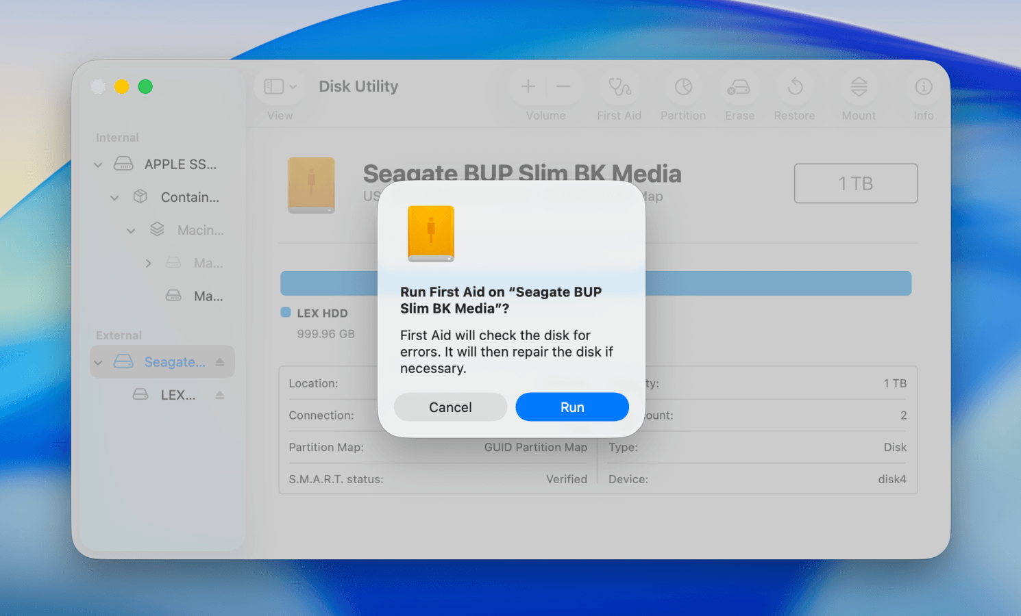 Confirmation dialog for First Aid in Disk Utility