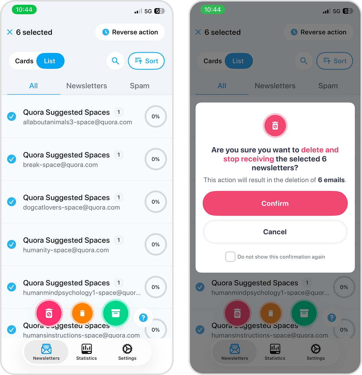 Cleanfox email cleaner interface on an iPhone