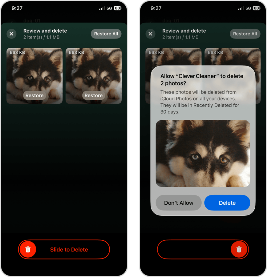 Trash menu in Clever Cleaner for iPhone