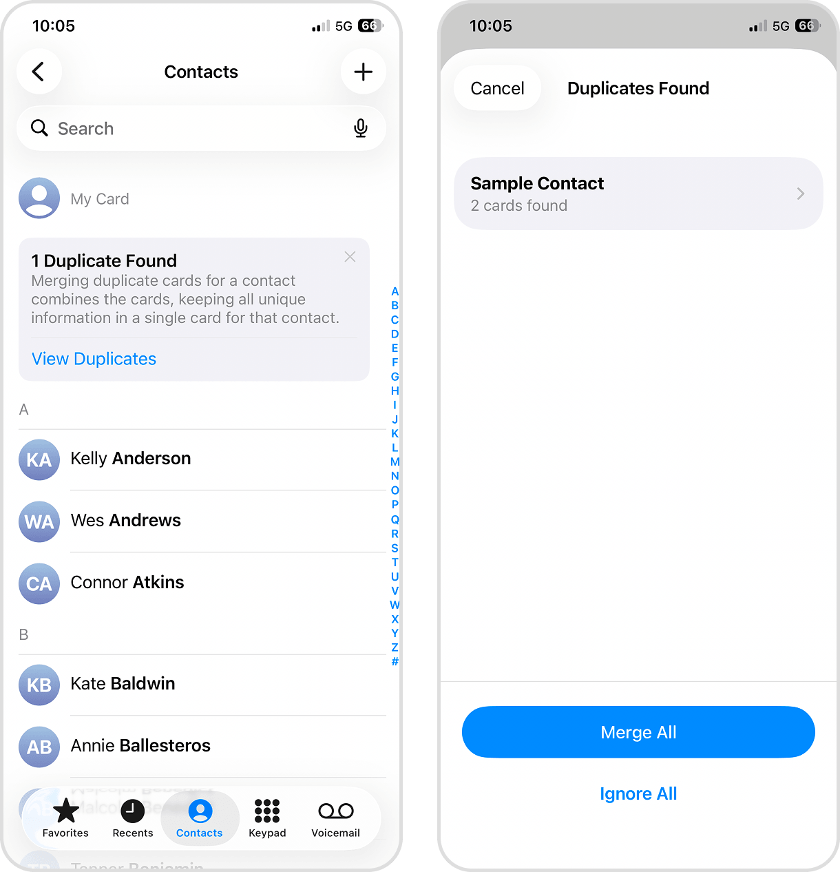 Duplicates page in iOS Contacts app