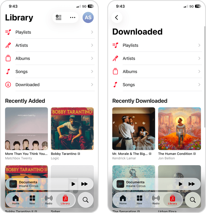 Downloaded content in the Music app for iOS