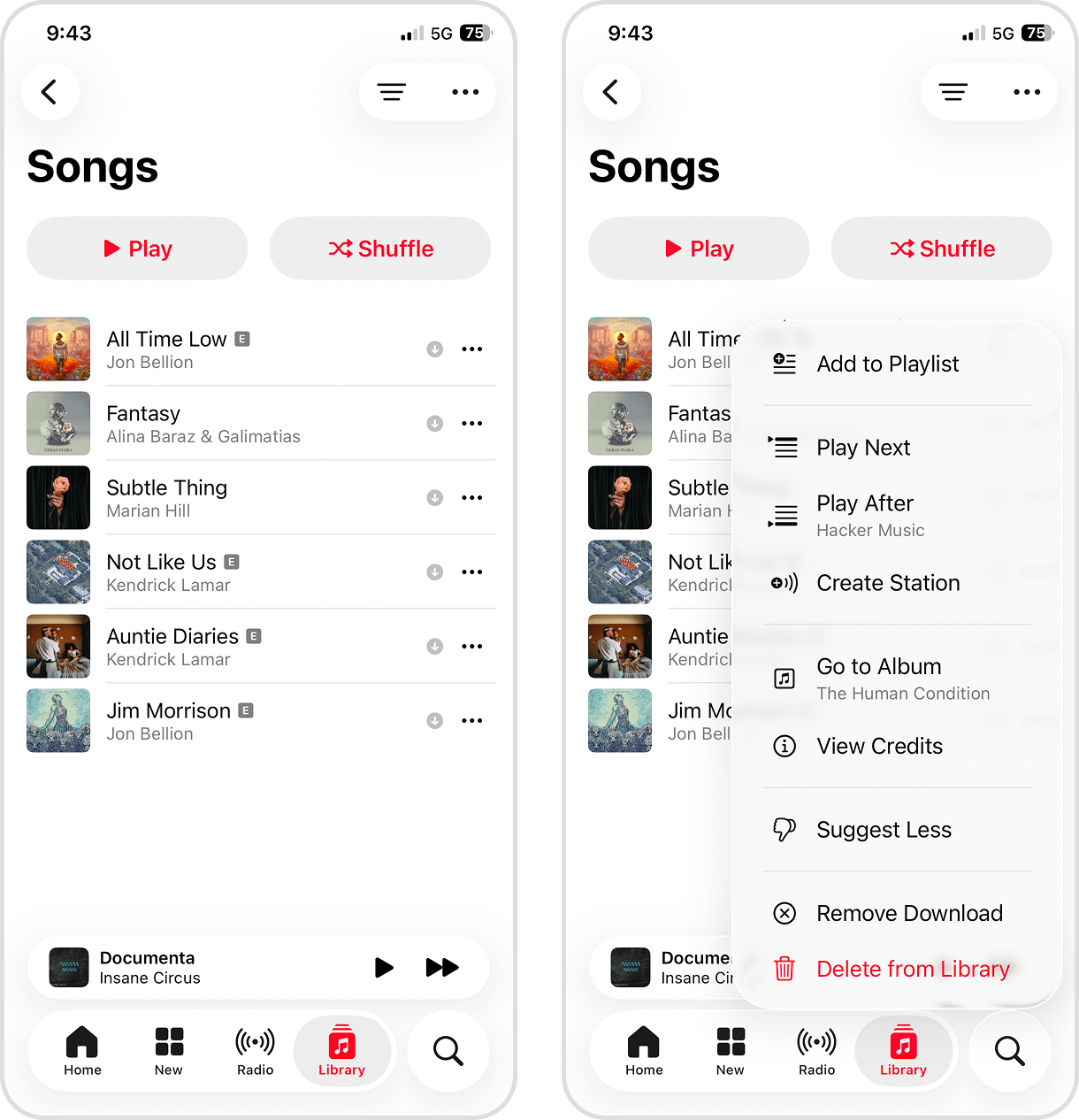 Removing downloaded songs in the Music app