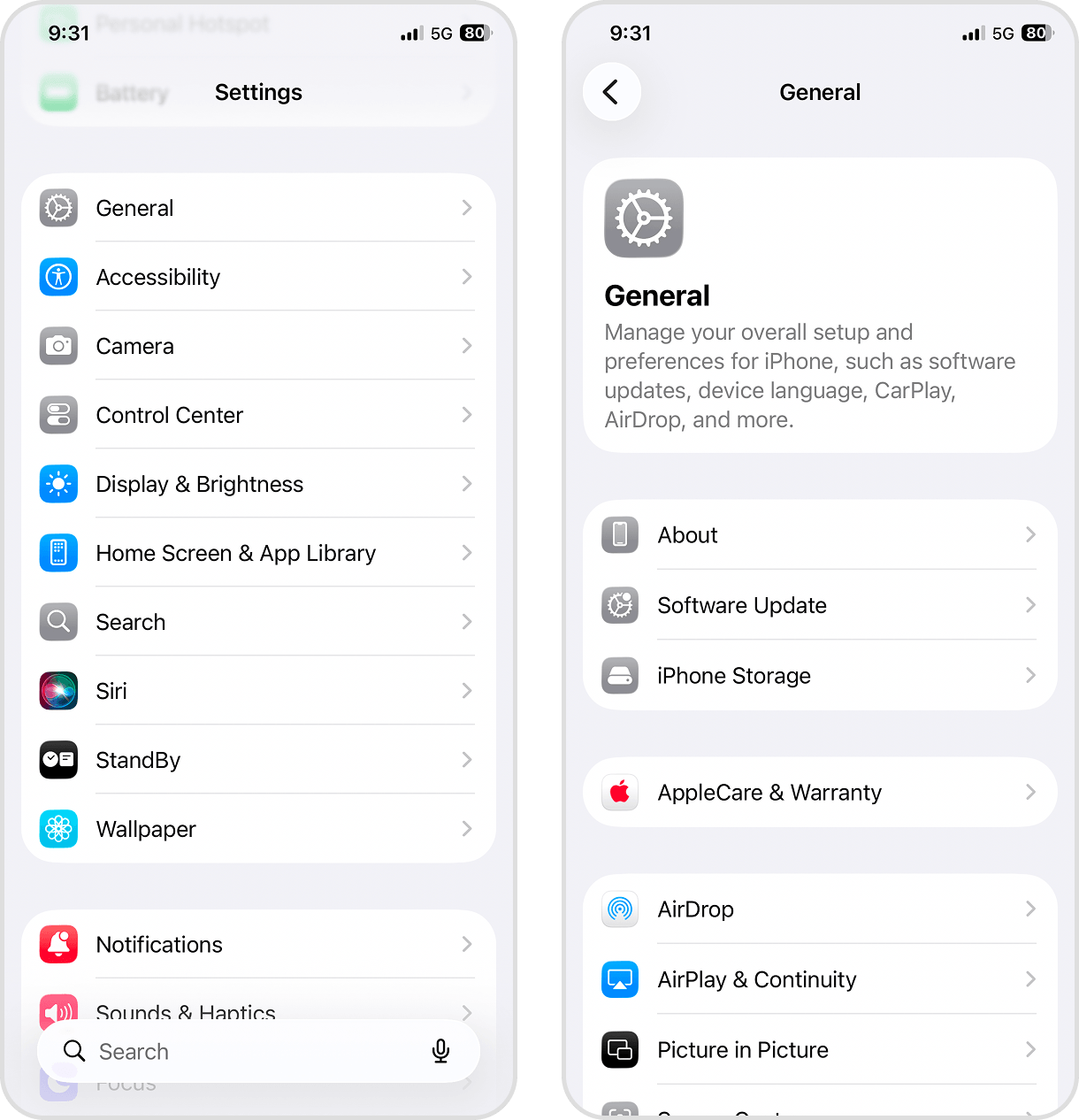 iPhone Storage option in the General Settings page