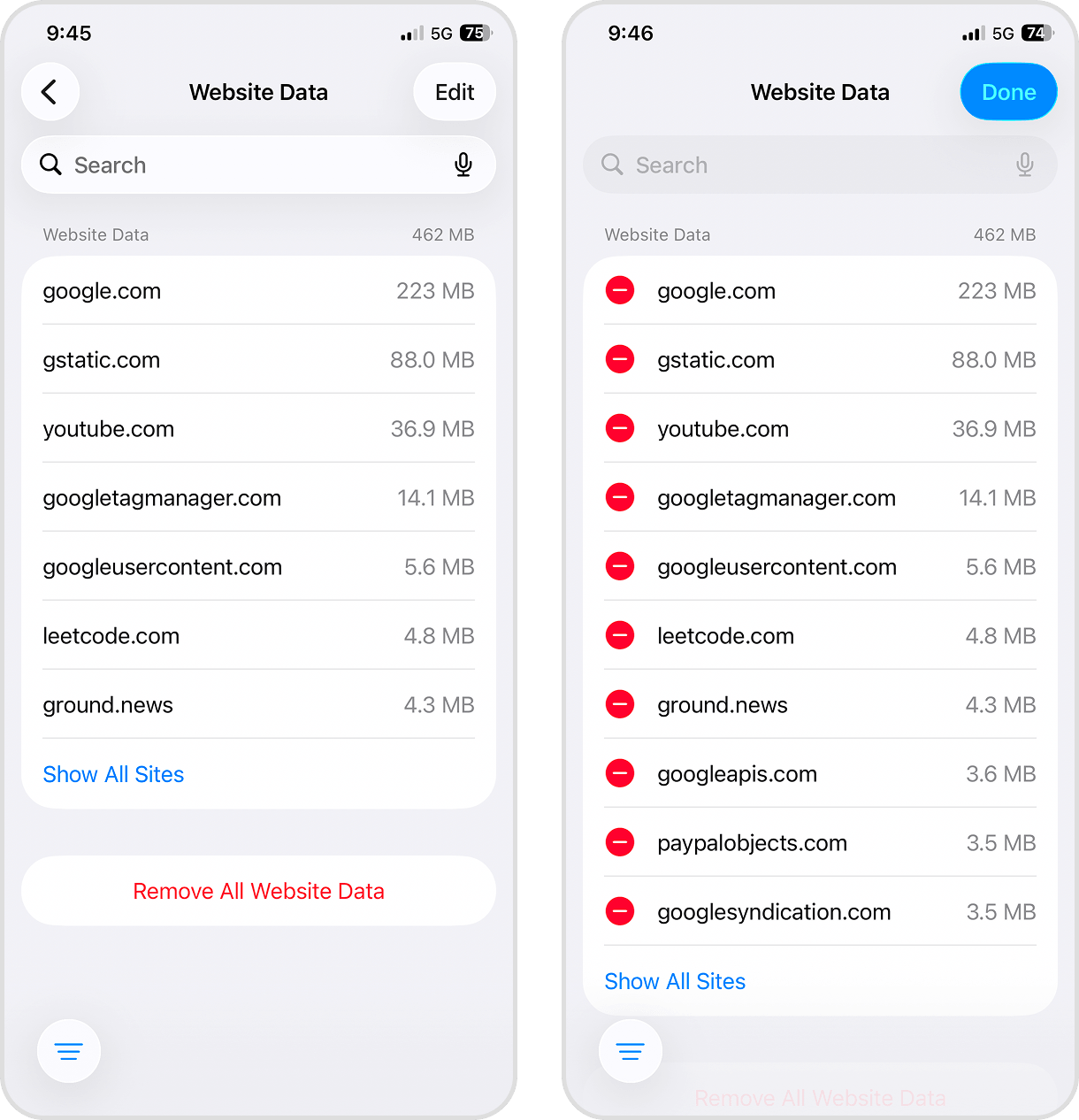 Removing website data in Safari's settings