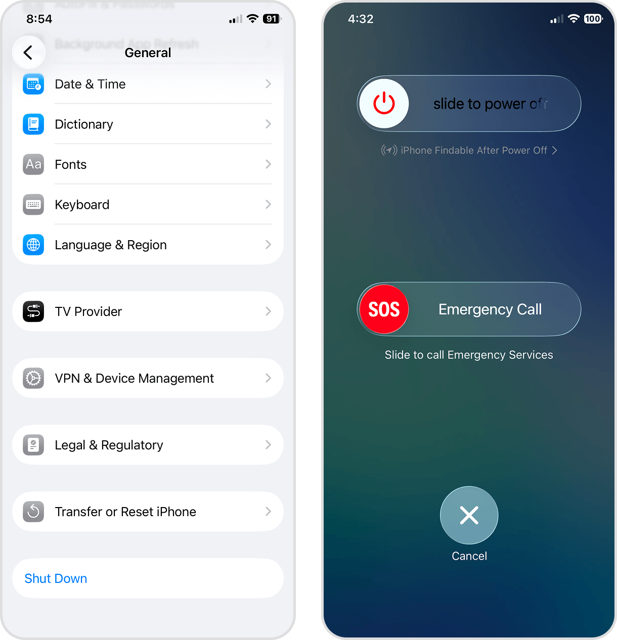 Shut Down option in iOS Settings