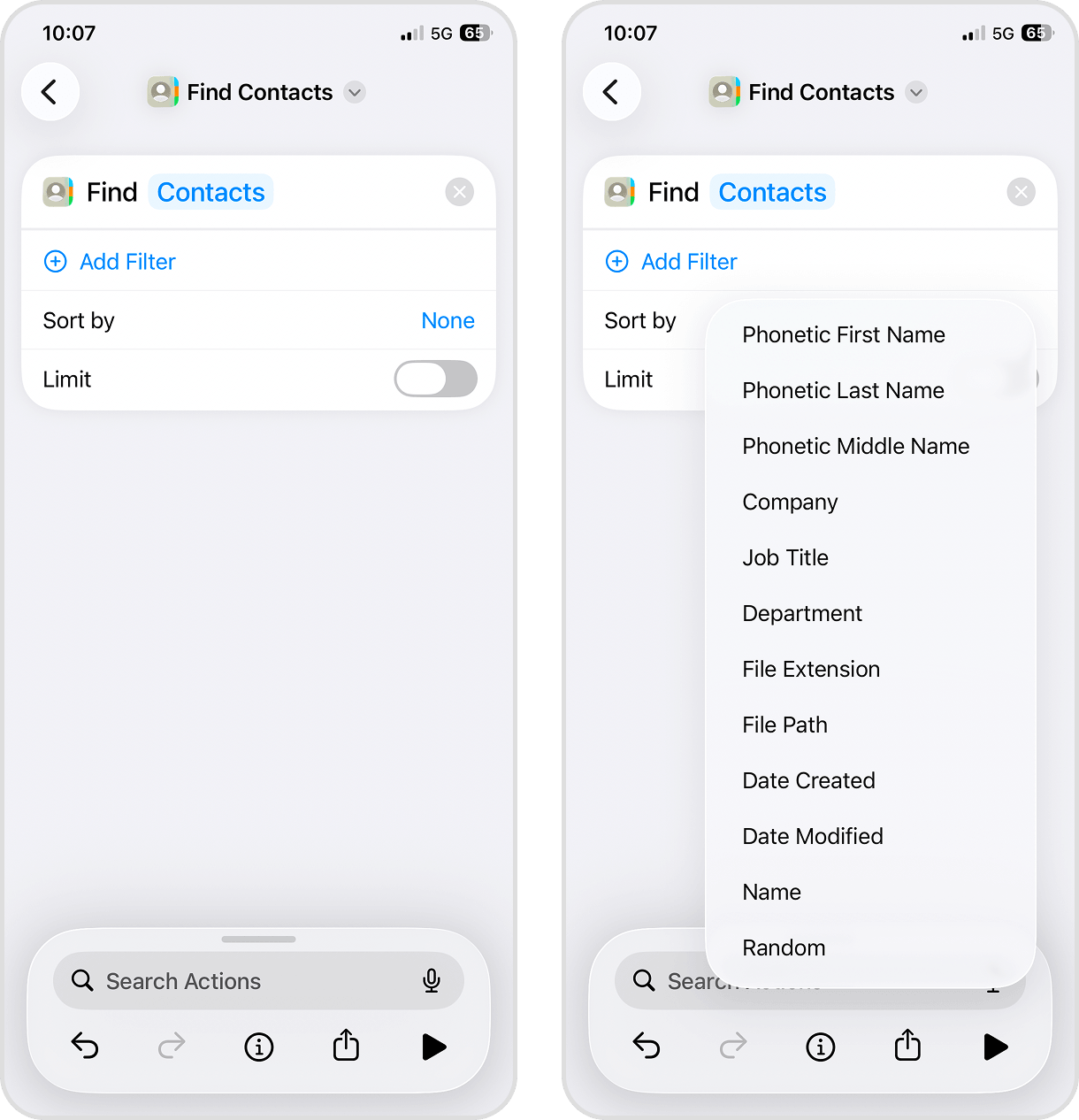 Sorting found contacts by date created in iOS Shortcuts