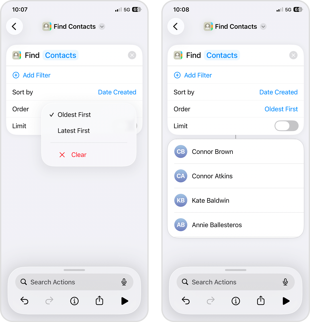 List of found contacts in iOS Shortcuts