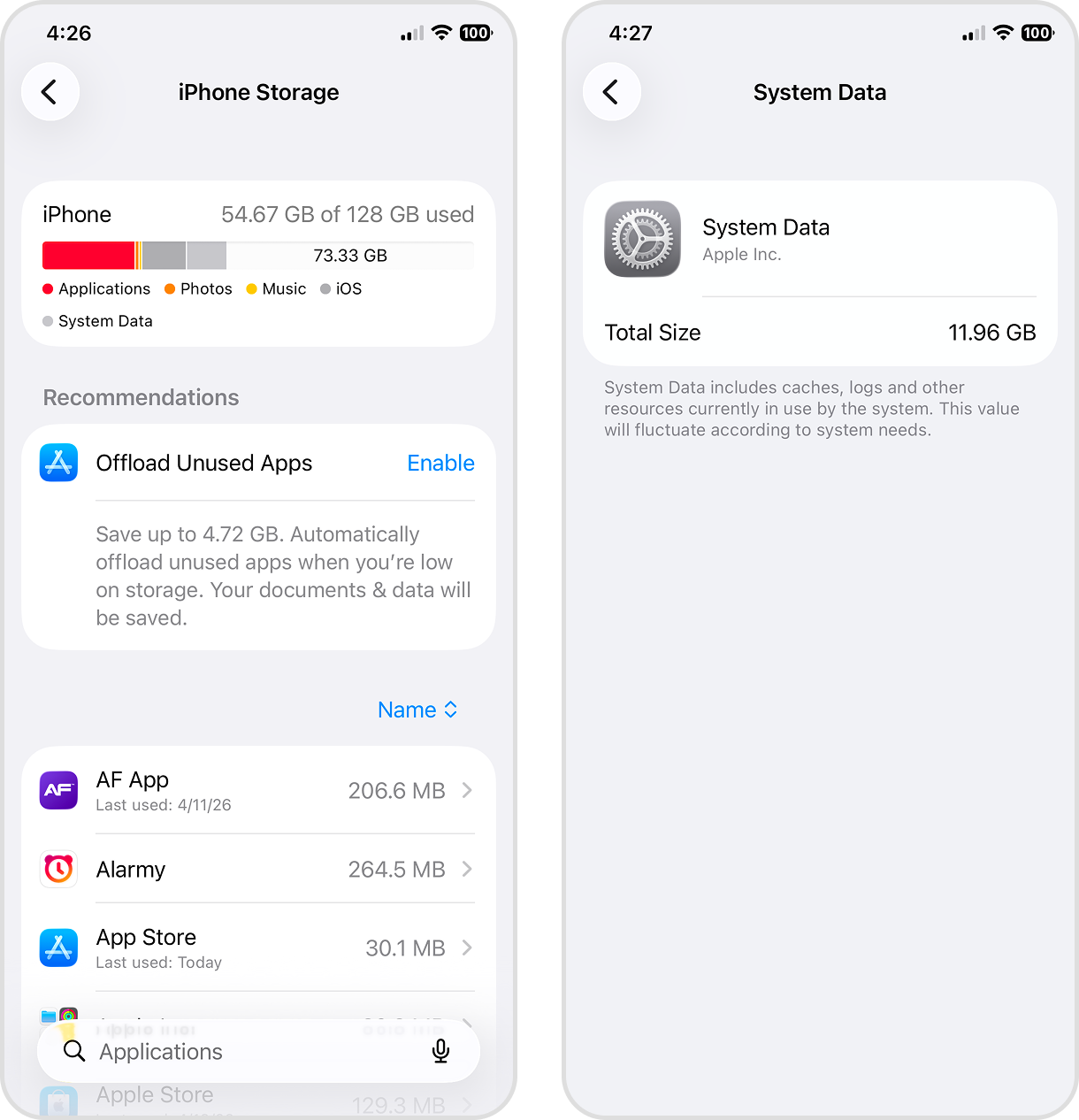 iPhone Storage and System Data pages in iOS Settings