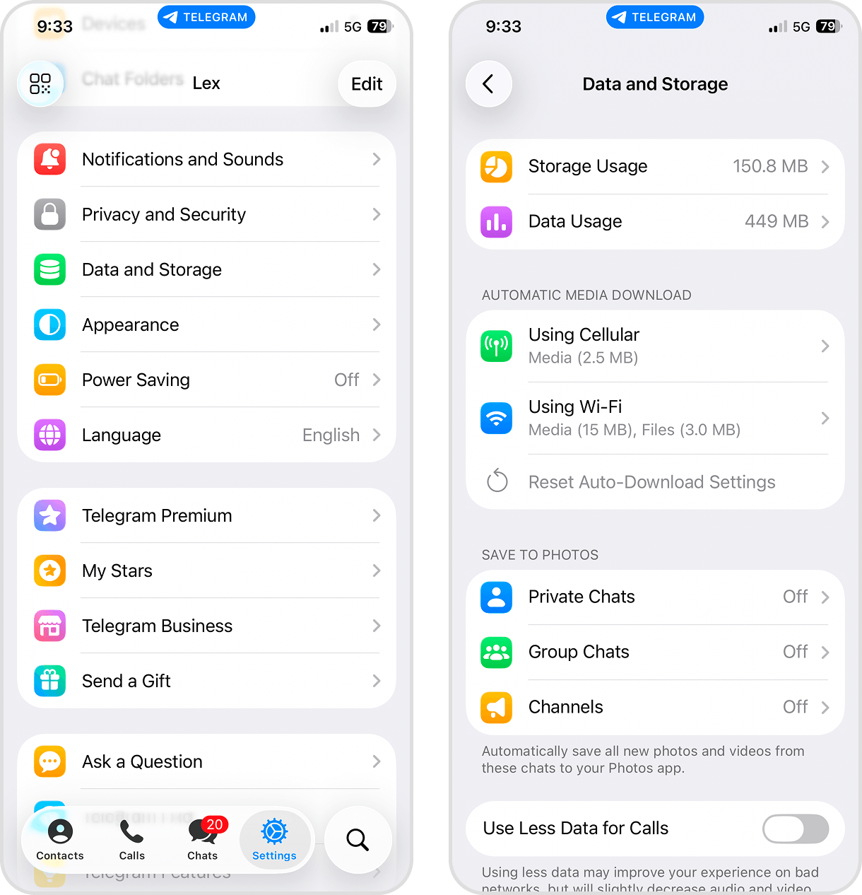 Storage settings in the Telegram app