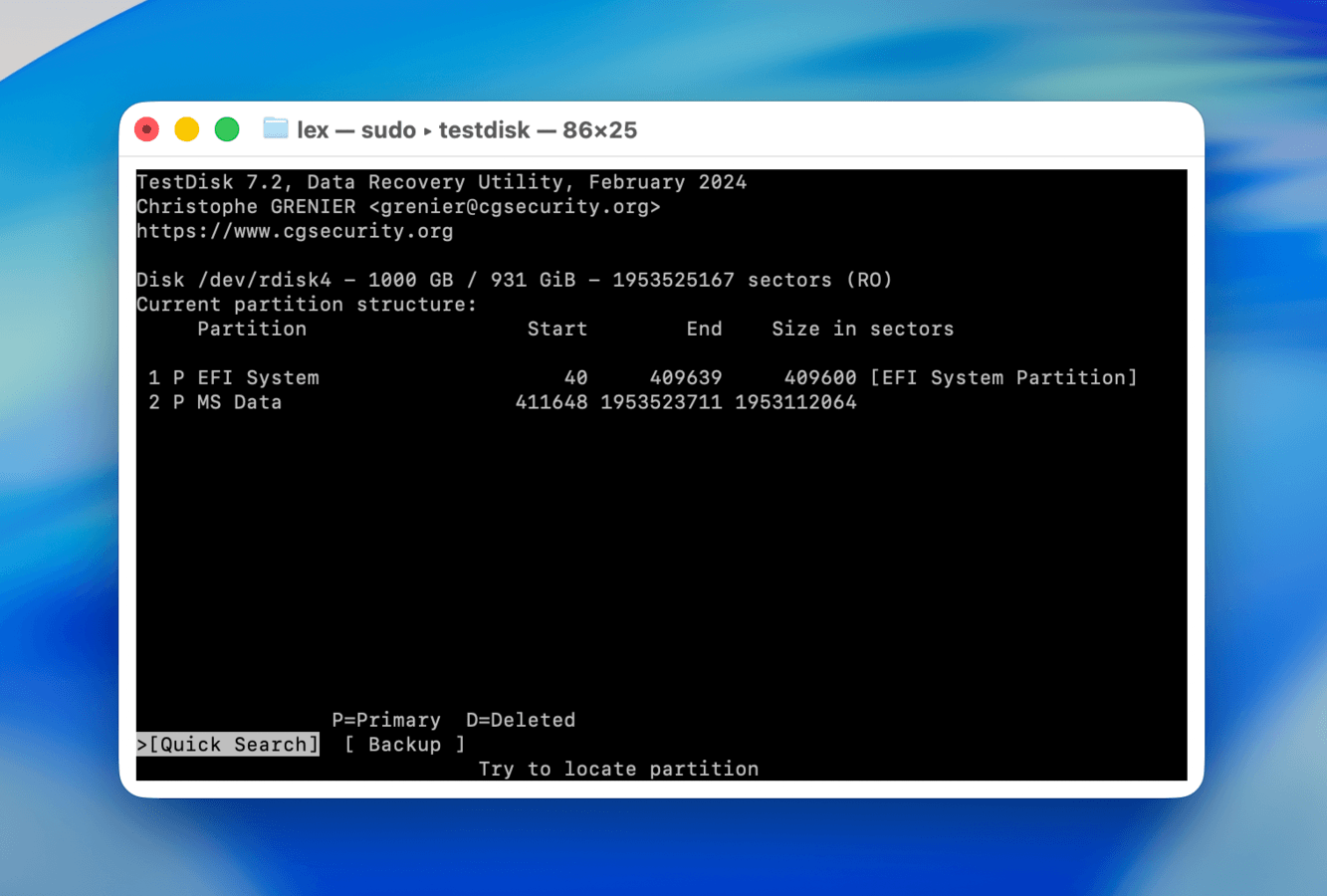 Running Quick Search in TestDisk